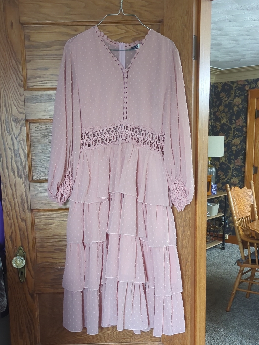 SHEIN Women's Pink Tiered Lace-Waist Long Dress With Long Sleeves